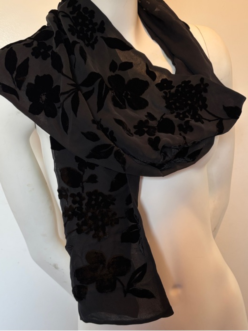 Saks Fifth Avenue Black Floral Velvet Burnout Wrap Scarf